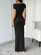 Devine Ruched Single Shoulder Short Sleeve Maxi Dress - Delanoir