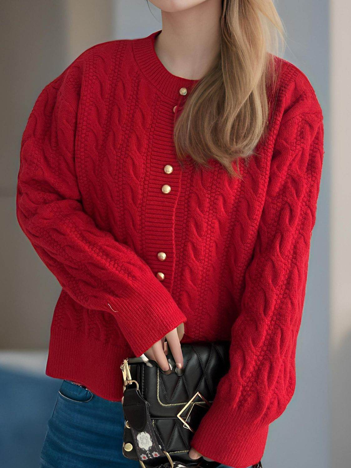 Cable-Knit Round Neck Long Sleeve Cardigan - Delanoir