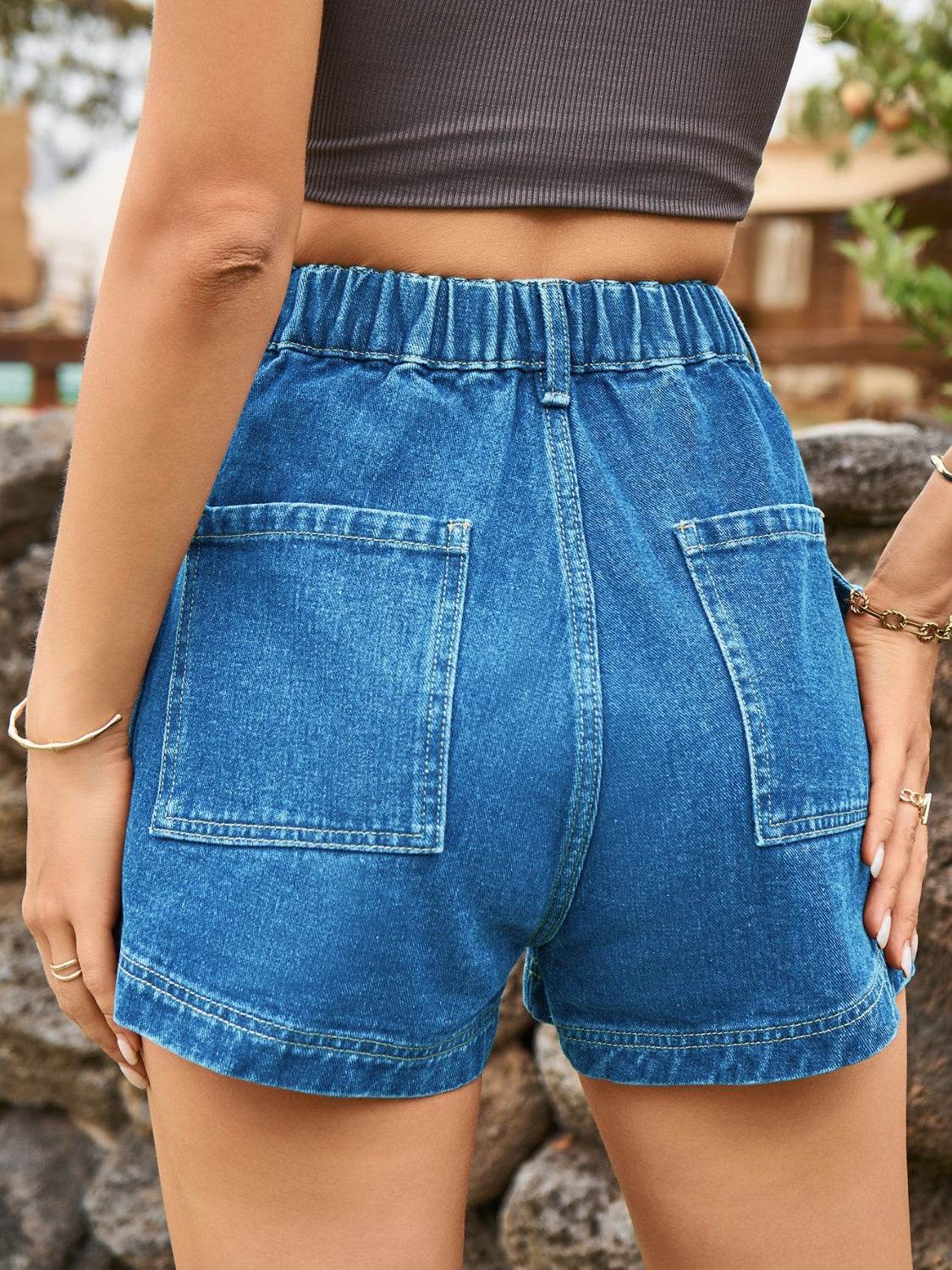 High Waist Denim Shorts with Pockets - Delanoir