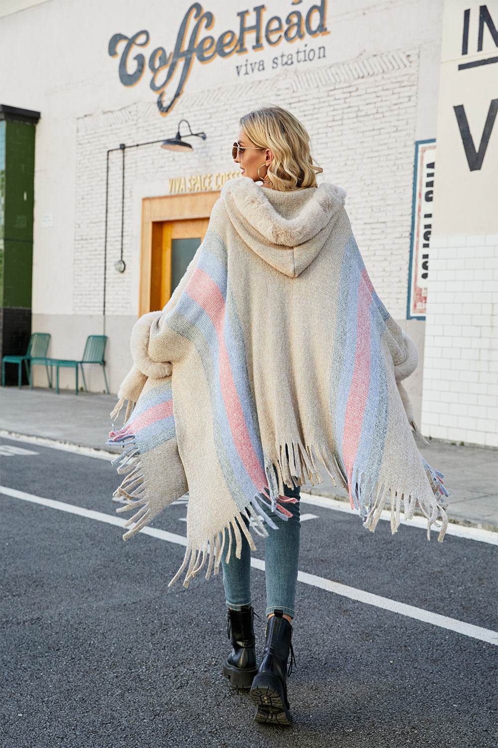 Color Block Fringe Detail Poncho - Delanoir