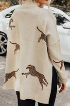 Animal Pattern Mock Neck Long Sleeve Slit Sweater - Delanoir
