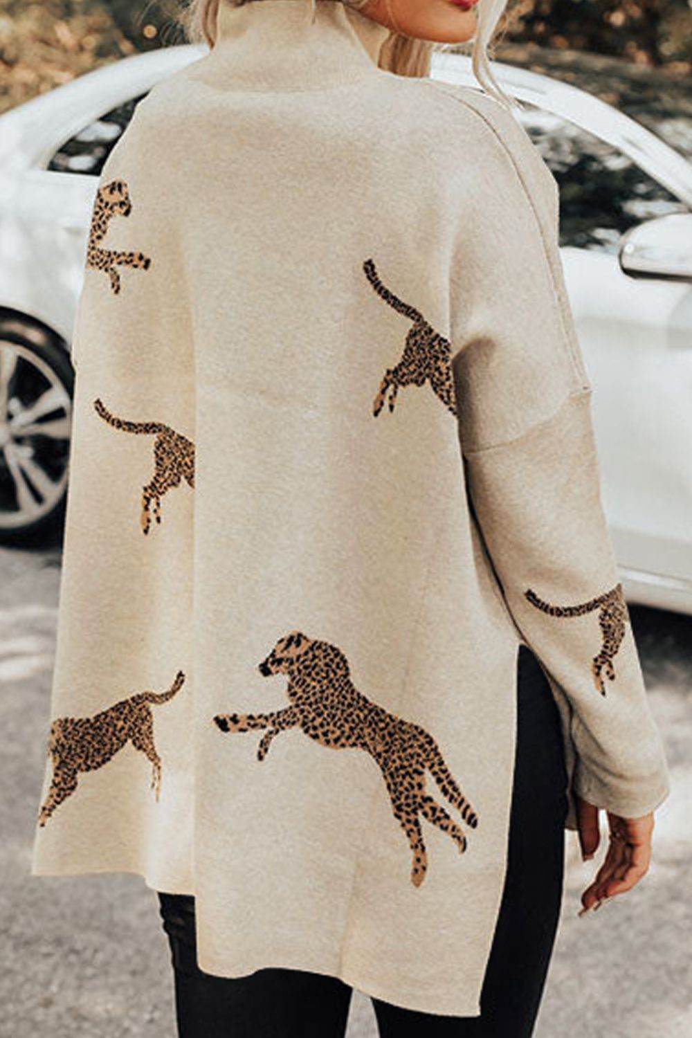 Animal Pattern Mock Neck Long Sleeve Slit Sweater - Delanoir