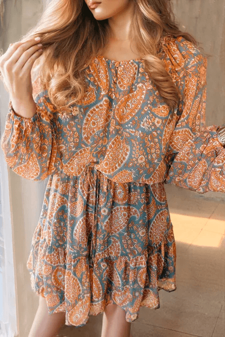 Ruffle Hem Printed Long Sleeve Dress - Delanoir