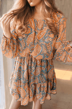 Ruffle Hem Printed Long Sleeve Dress - Delanoir