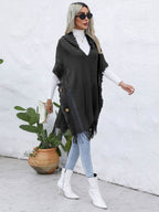 Fringe Trim Buttoned Hooded Poncho - Delanoir