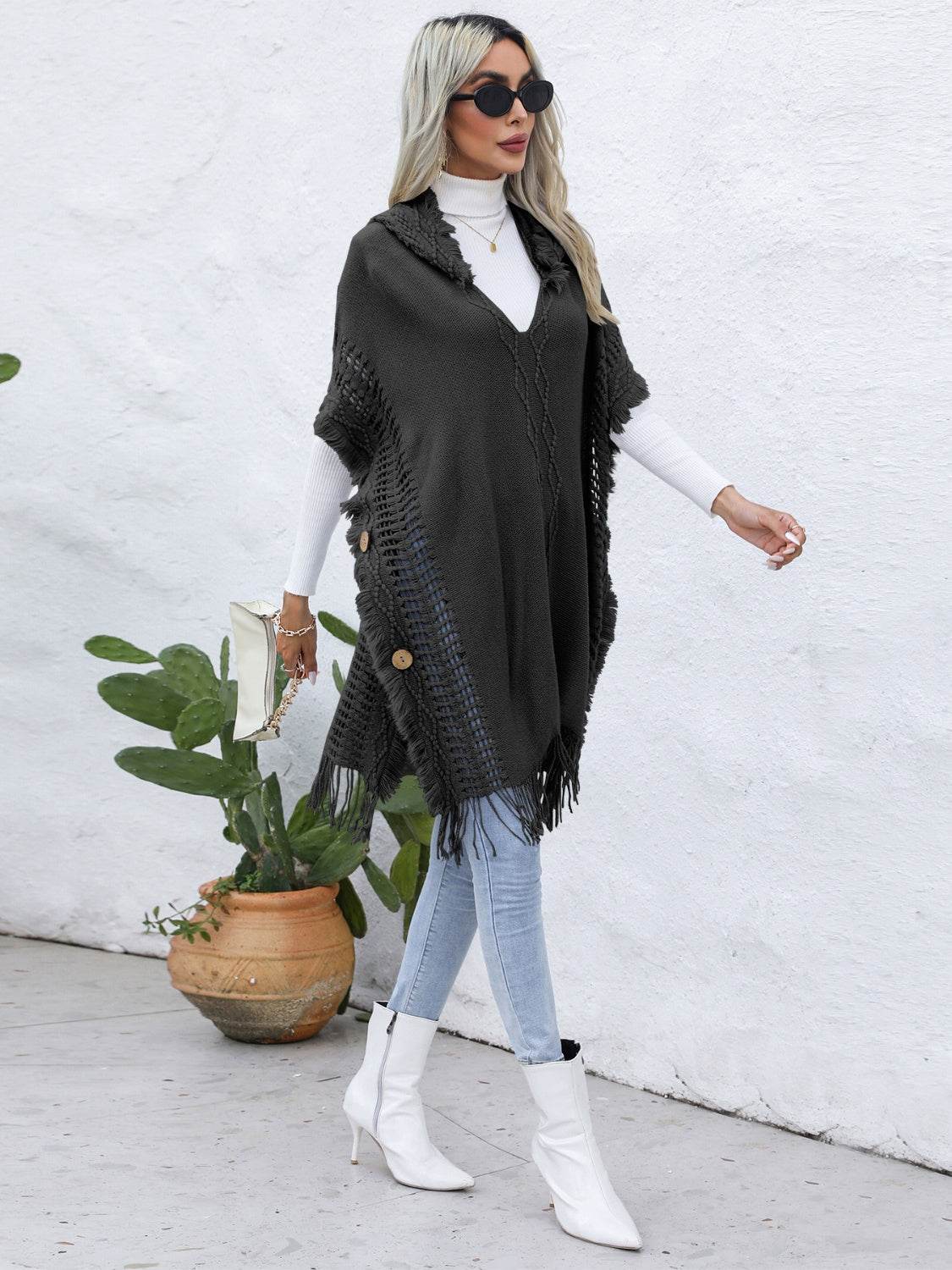 Fringe Trim Buttoned Hooded Poncho - Delanoir