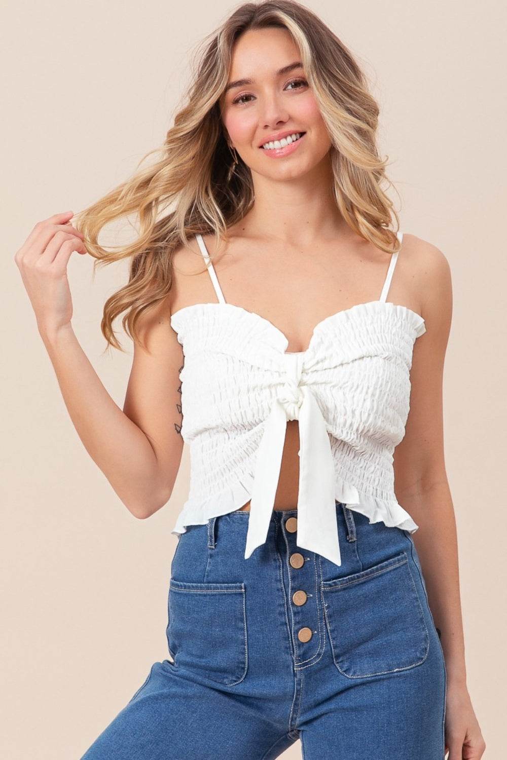 BiBi Ruffled Smocked Ribbon Detail Cami - Delanoir