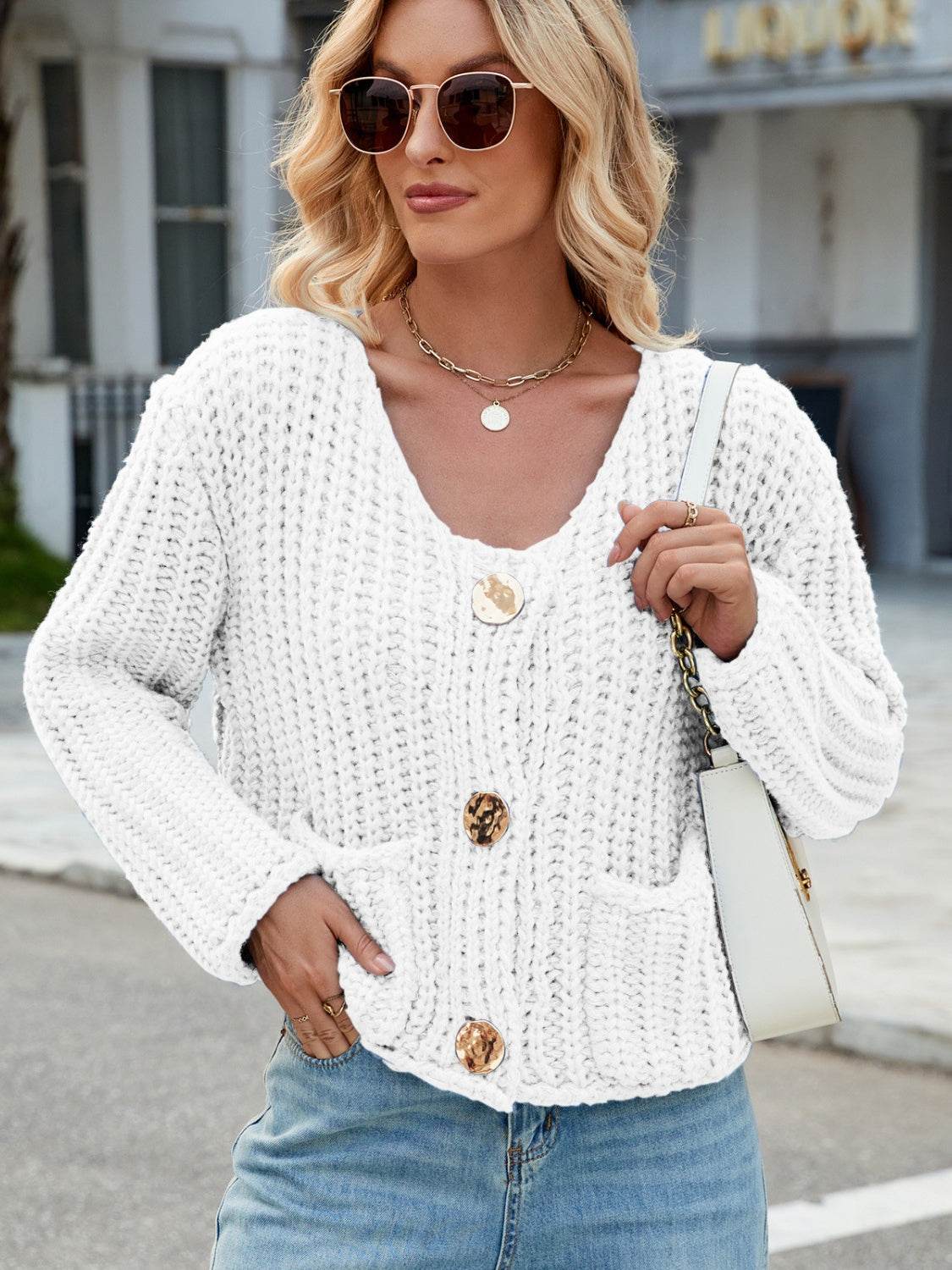 Round Neck Button Up Cardigan with Pockets - Delanoir