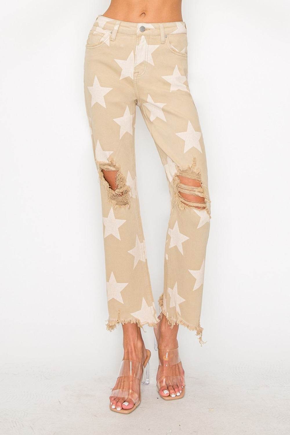 RISEN Full Size High Rise Star Printed Frayed Hem Jeans - Delanoir