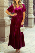 Tiered Notched Short Sleeve Dress with Pockets - Delanoir