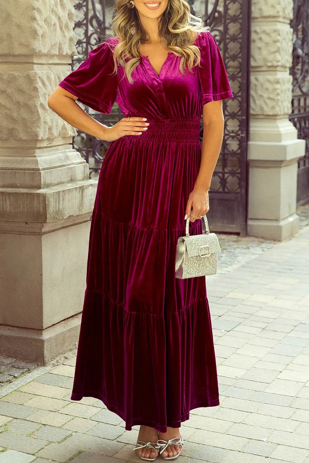 Tiered Notched Short Sleeve Dress with Pockets - Delanoir