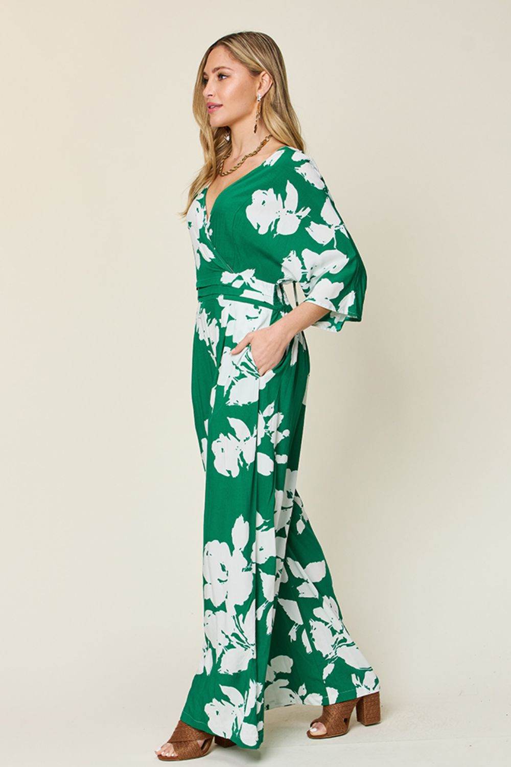 Double Take Full Size Printed Tie Back Wide Leg Jumpsuit - Delanoir