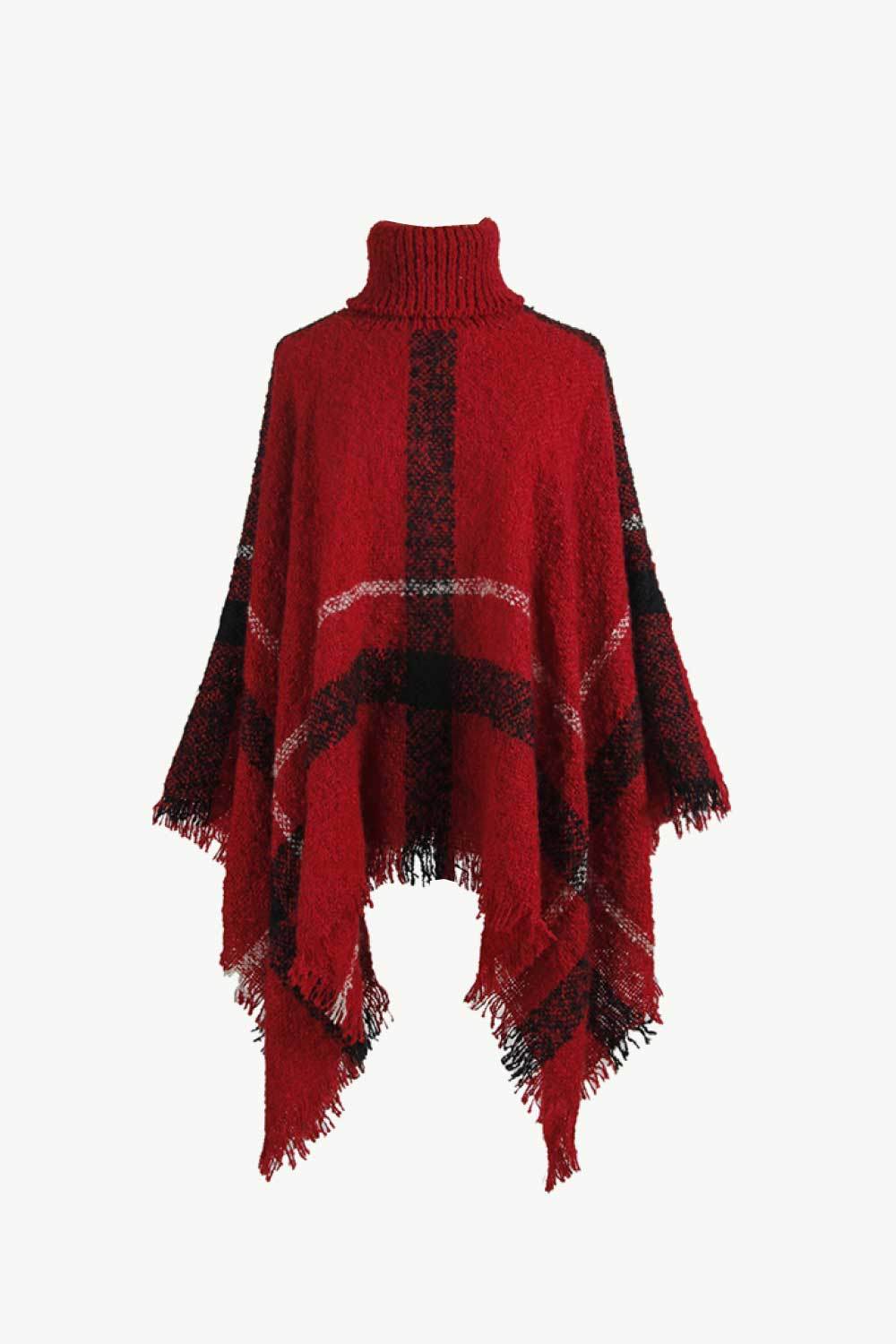 Plaid Turtleneck Raw Hem Poncho - Delanoir