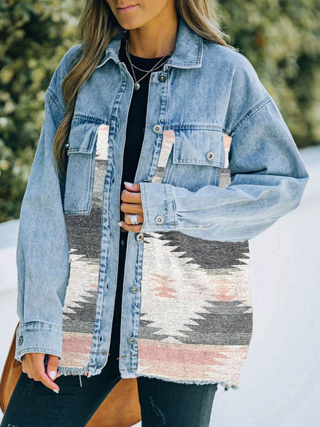 Collared Neck Dropped Shoulder Denim Jacket - Delanoir