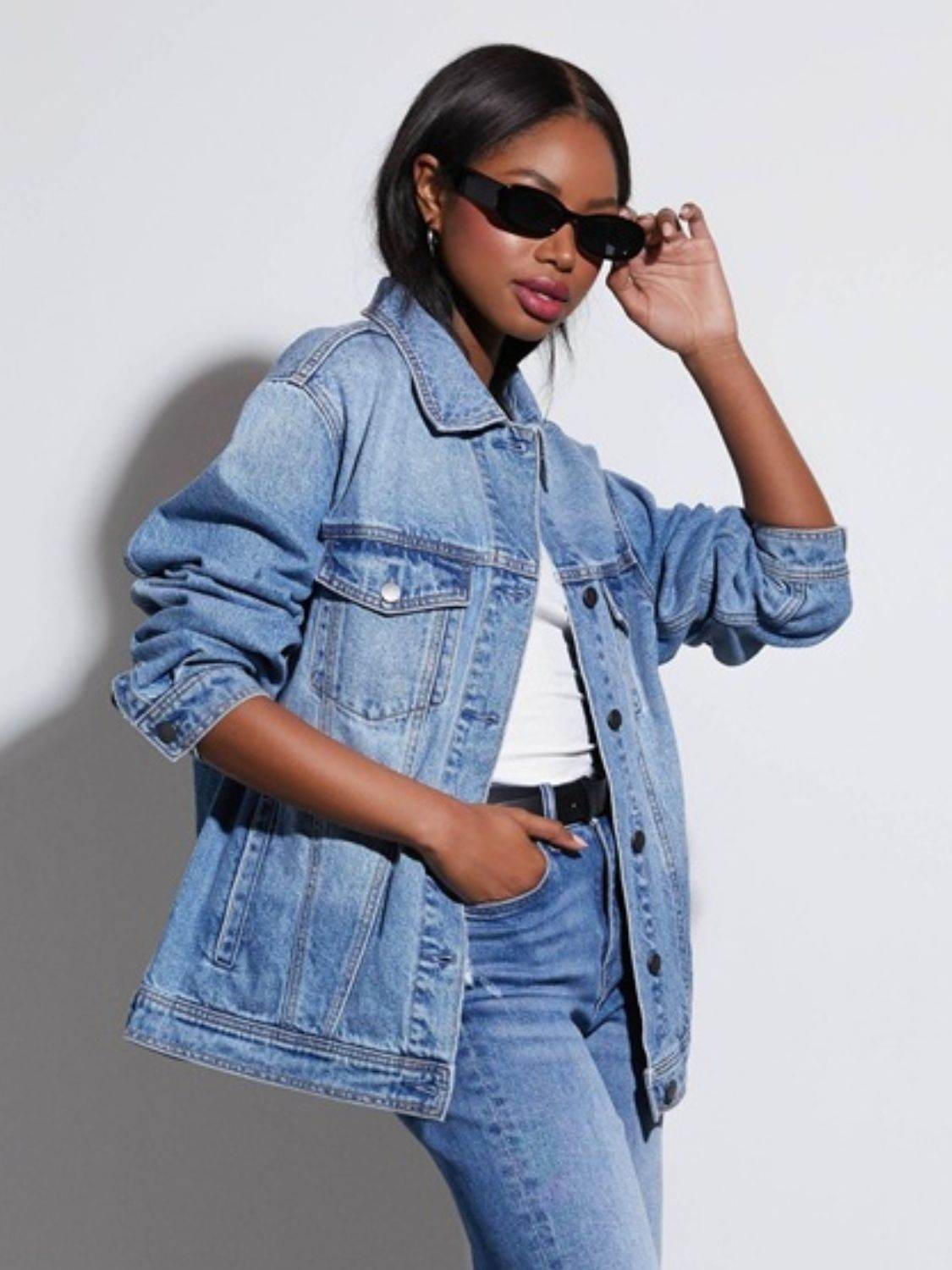 Button Up Collared Neck Denim Jacket - Delanoir