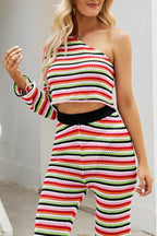 Striped Single Shoulder Top and Pants Knit Set - Delanoir