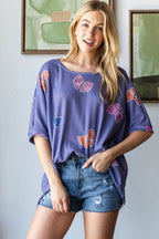 HOPELY Bow Print Waffle Side Slit T-Shirt - Delanoir