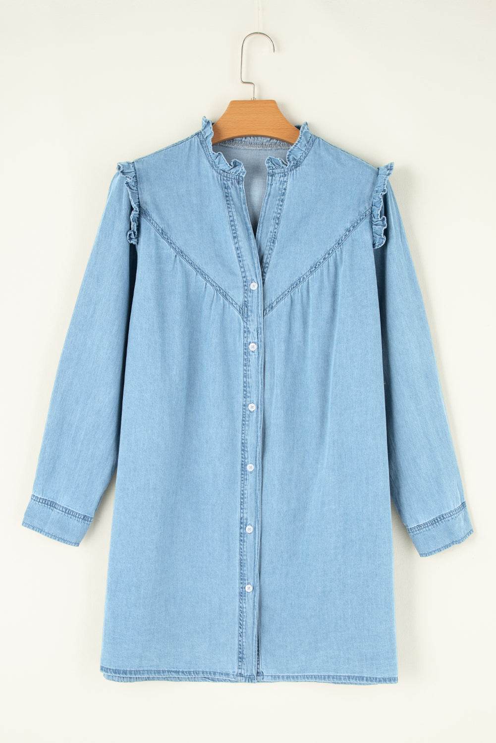 Button Up Notched Long Sleeve Denim Dress - Delanoir