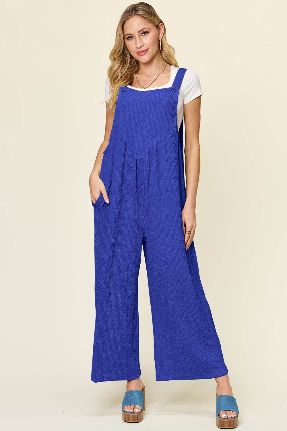 Double Take Full Size Texture Sleeveless Wide Leg Overall - Delanoir