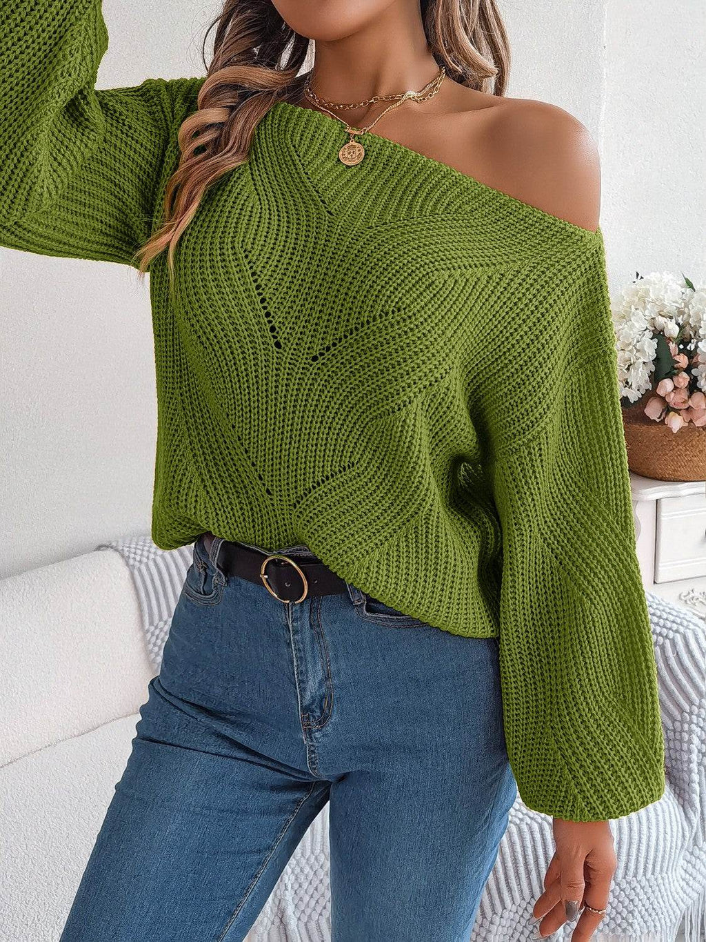 Openwork Long Sleeve Sweater - Delanoir