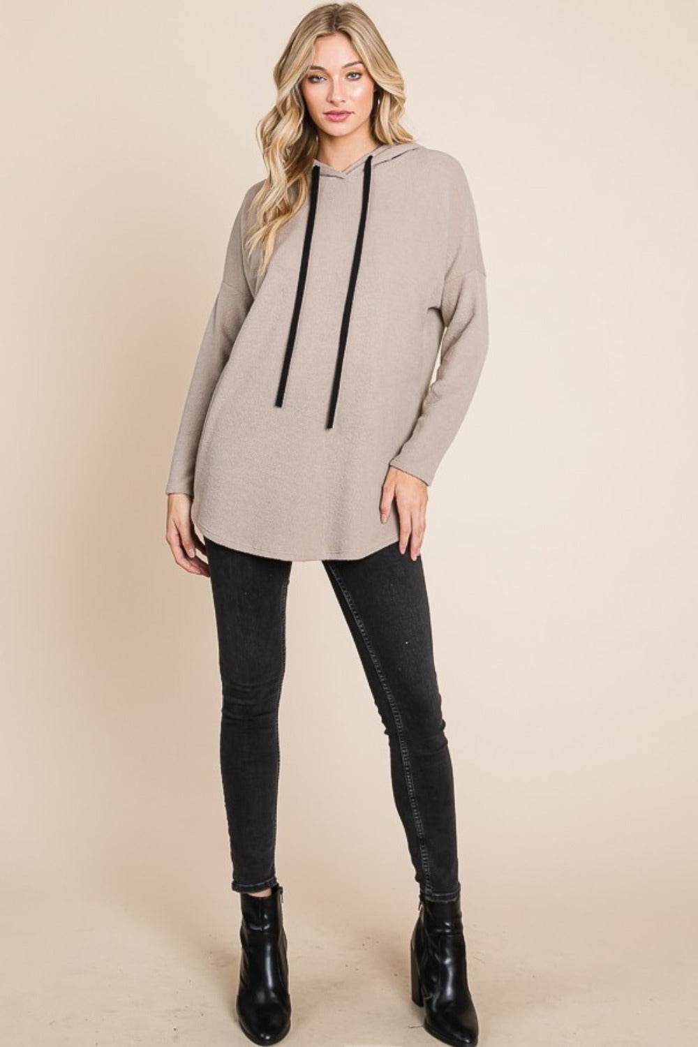 BOMBOM Contrast Drawstring Drop Shoulder Knit Hoodie - Delanoir