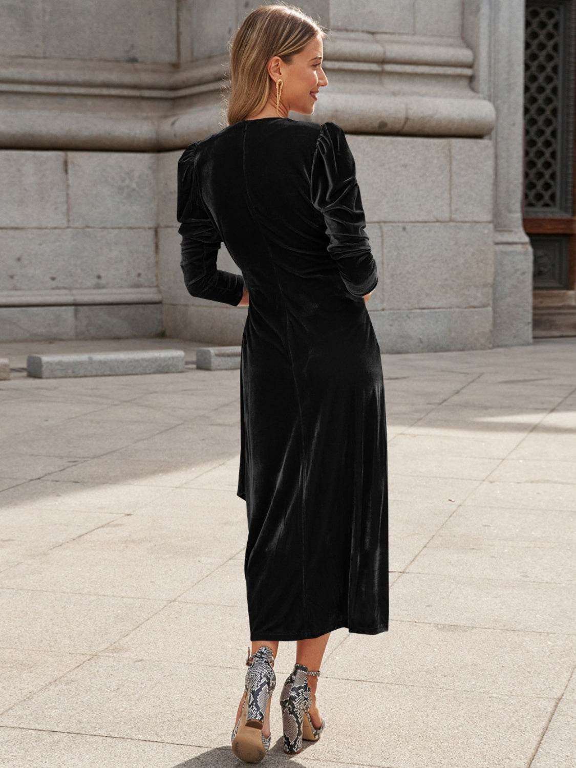 Surplice Puff Sleeve Midi Dress - Delanoir