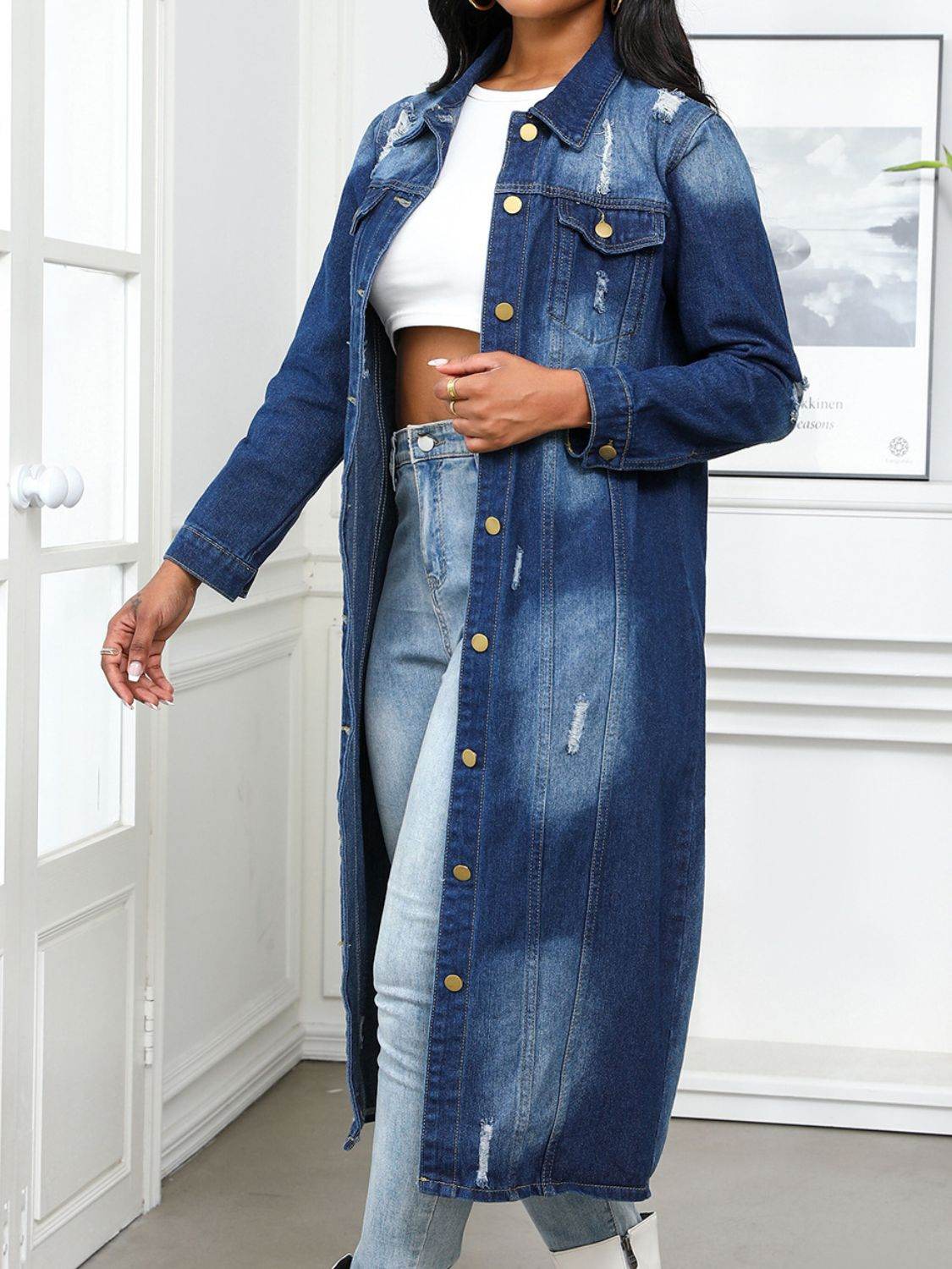 Distressed Button Up Collared Neck Denim Top - Delanoir