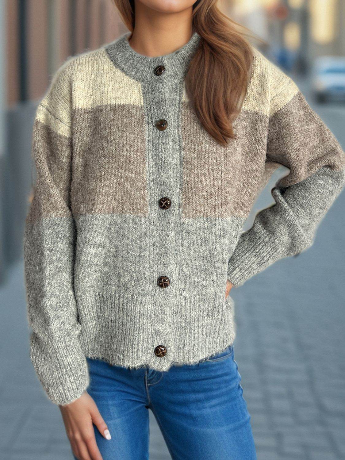 Color Block Round Neck Button Up Cardigan - Delanoir
