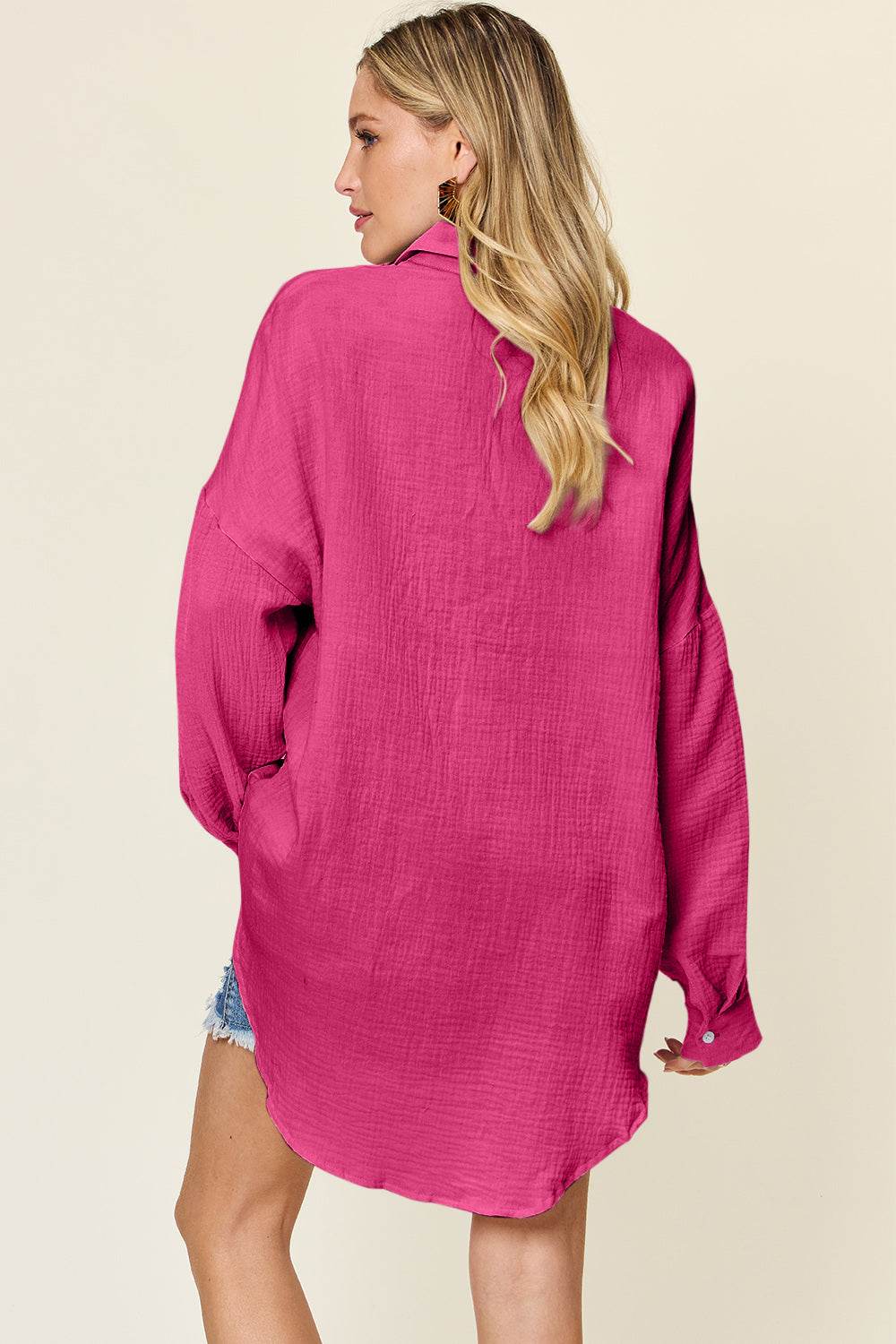 Double Take Full Size Pocketed Texture Button Up Shirt - Delanoir