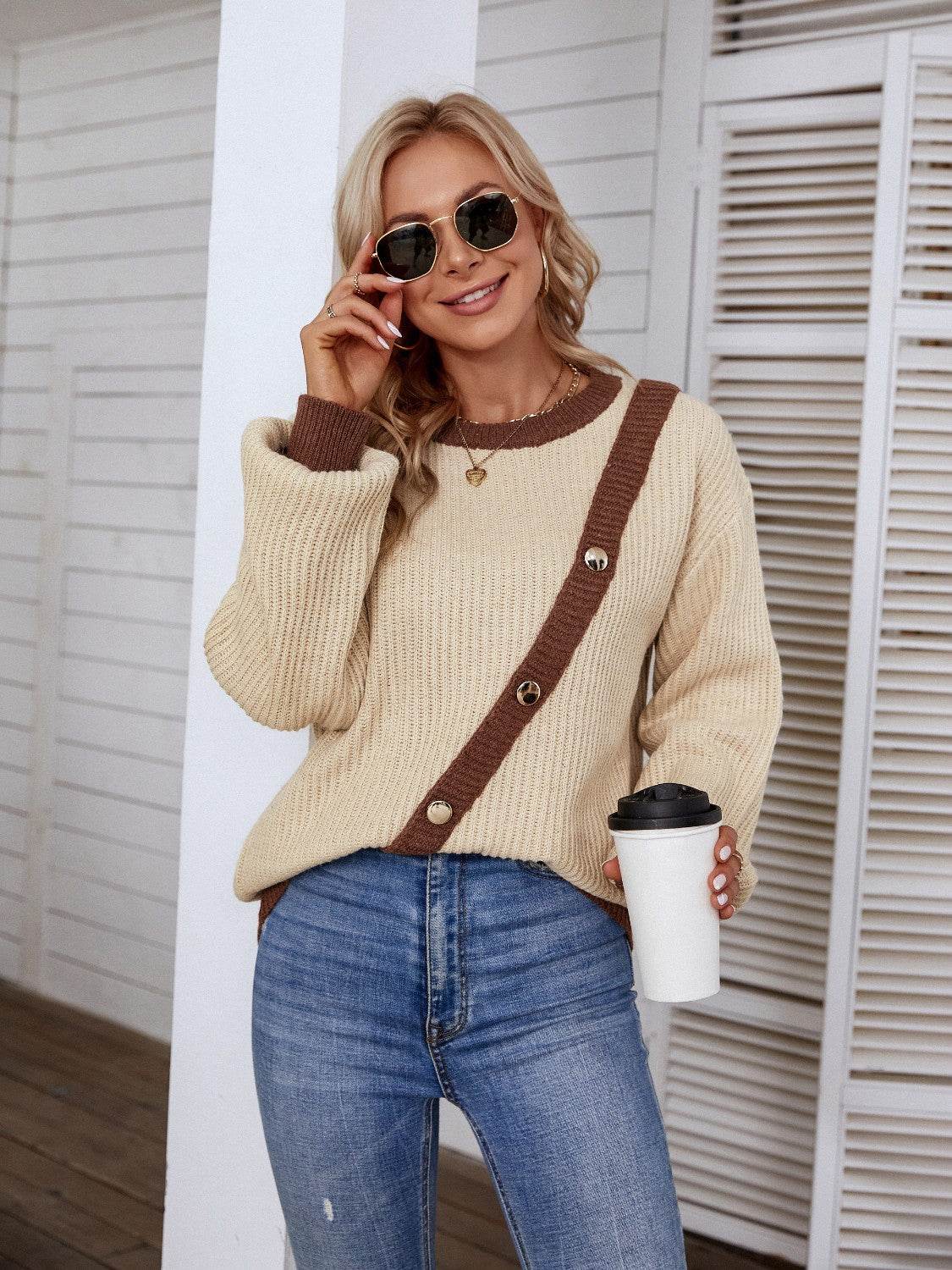 Decorative Button Round Neck Sweater - Delanoir