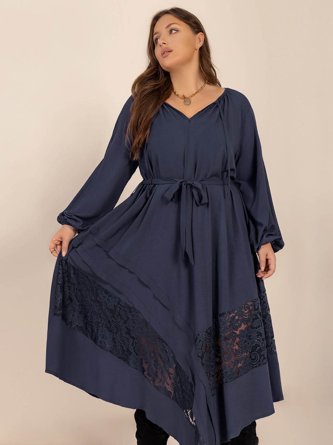 Plus Size Lace Detail Tie Neck Long Sleeve Midi Dress - Delanoir