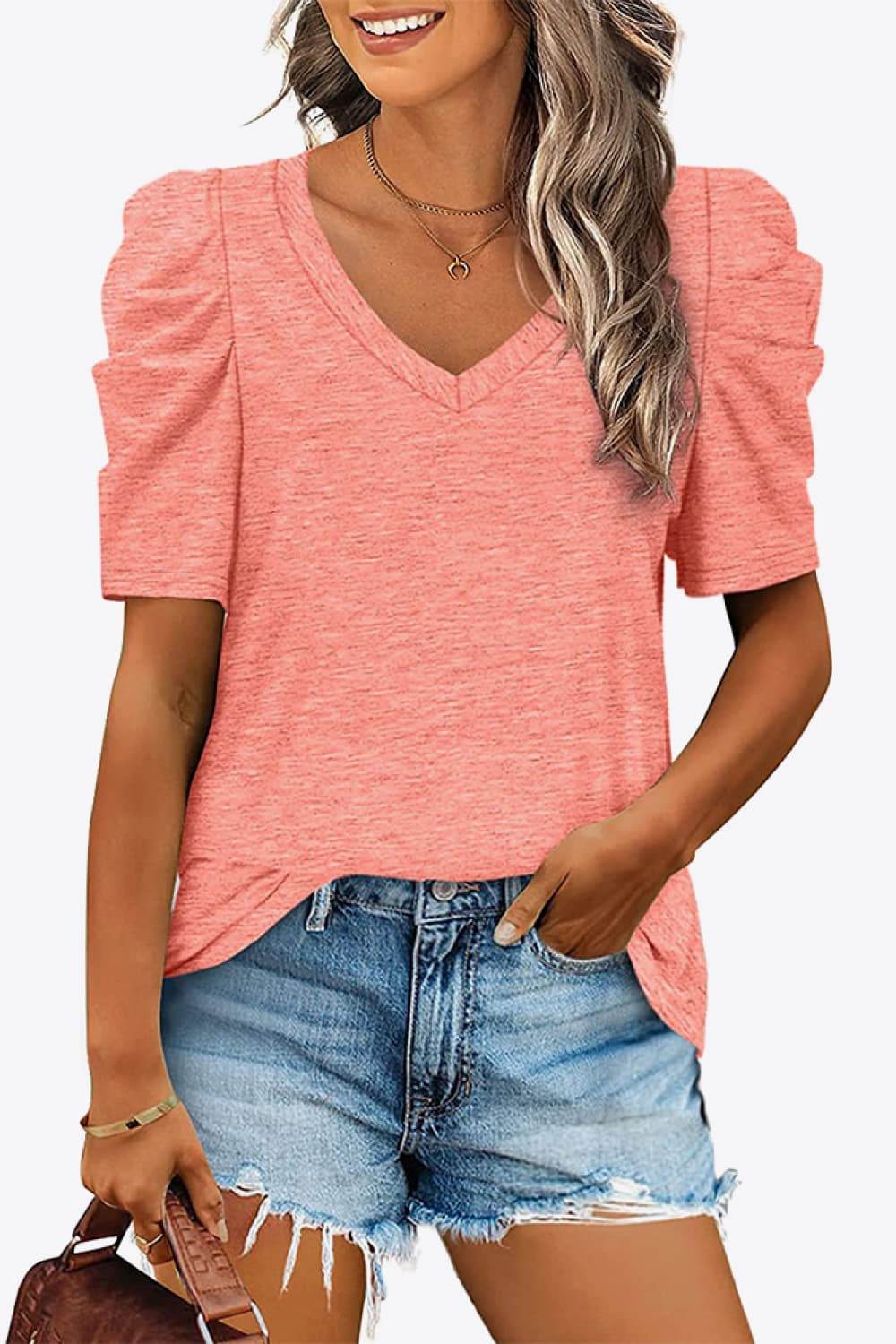 V-Neck Puff Sleeve Tee - Delanoir