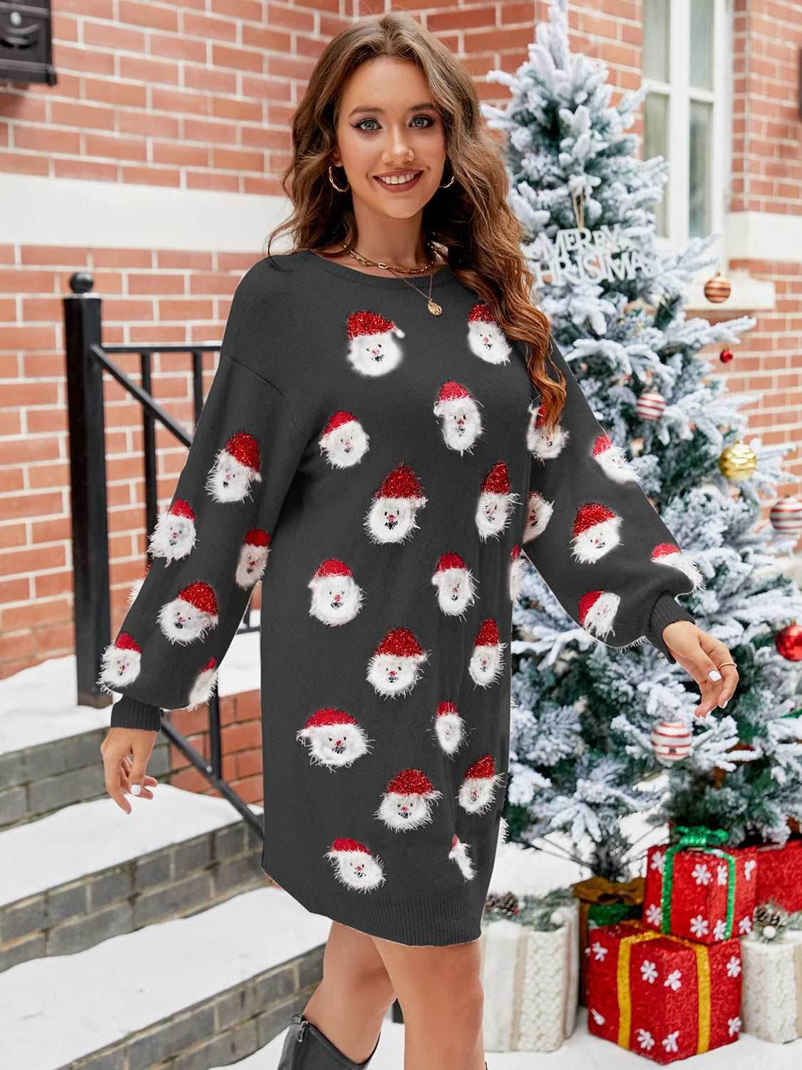 Round Neck Dropped Shoulder Sweater Dress - Delanoir