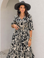 Smocked Printed Tie Neck Long Sleeve Dress - Delanoir