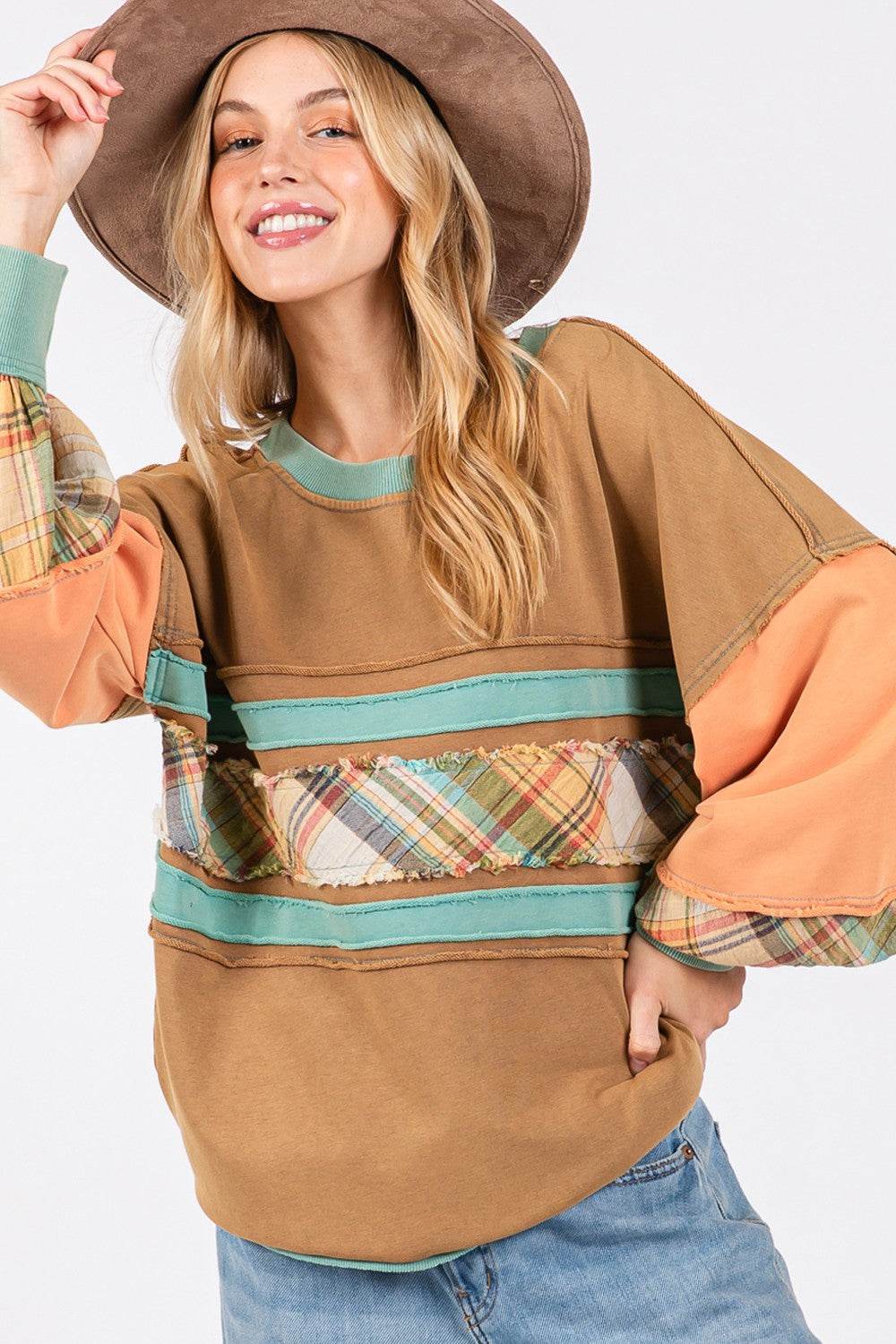 SAGE + FIG Mineral Wash Raw Edge Color Block Sweatshirt - Delanoir