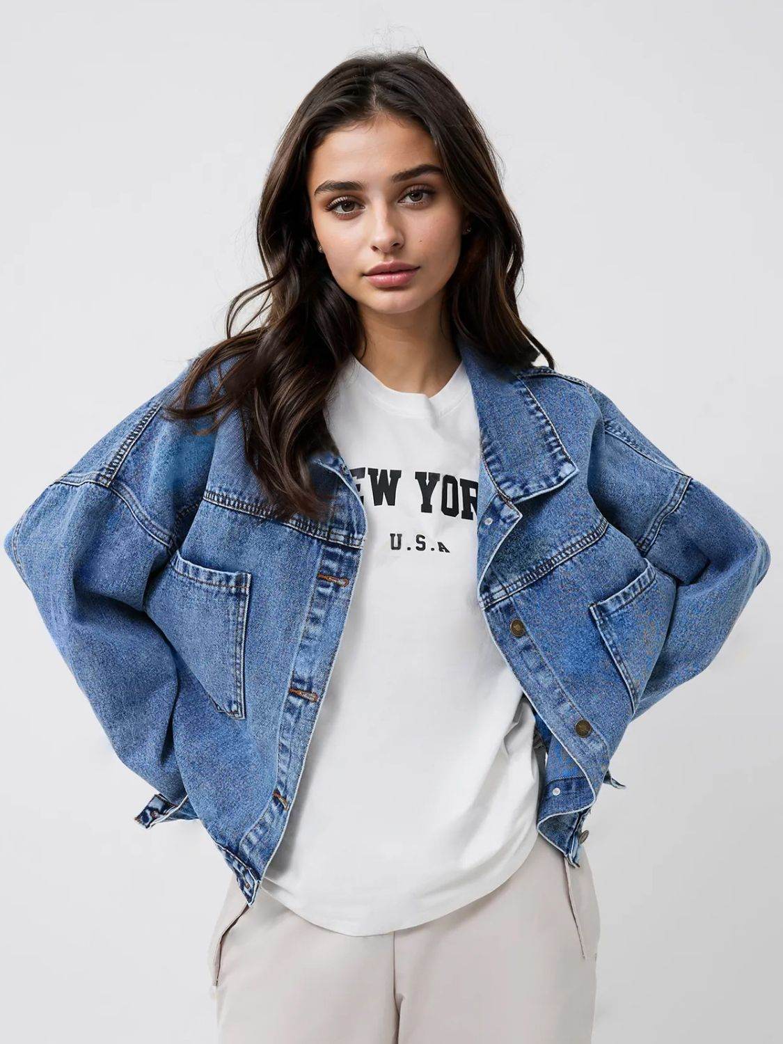 Pocketed Button Up Long Sleeve Denim Top - Delanoir