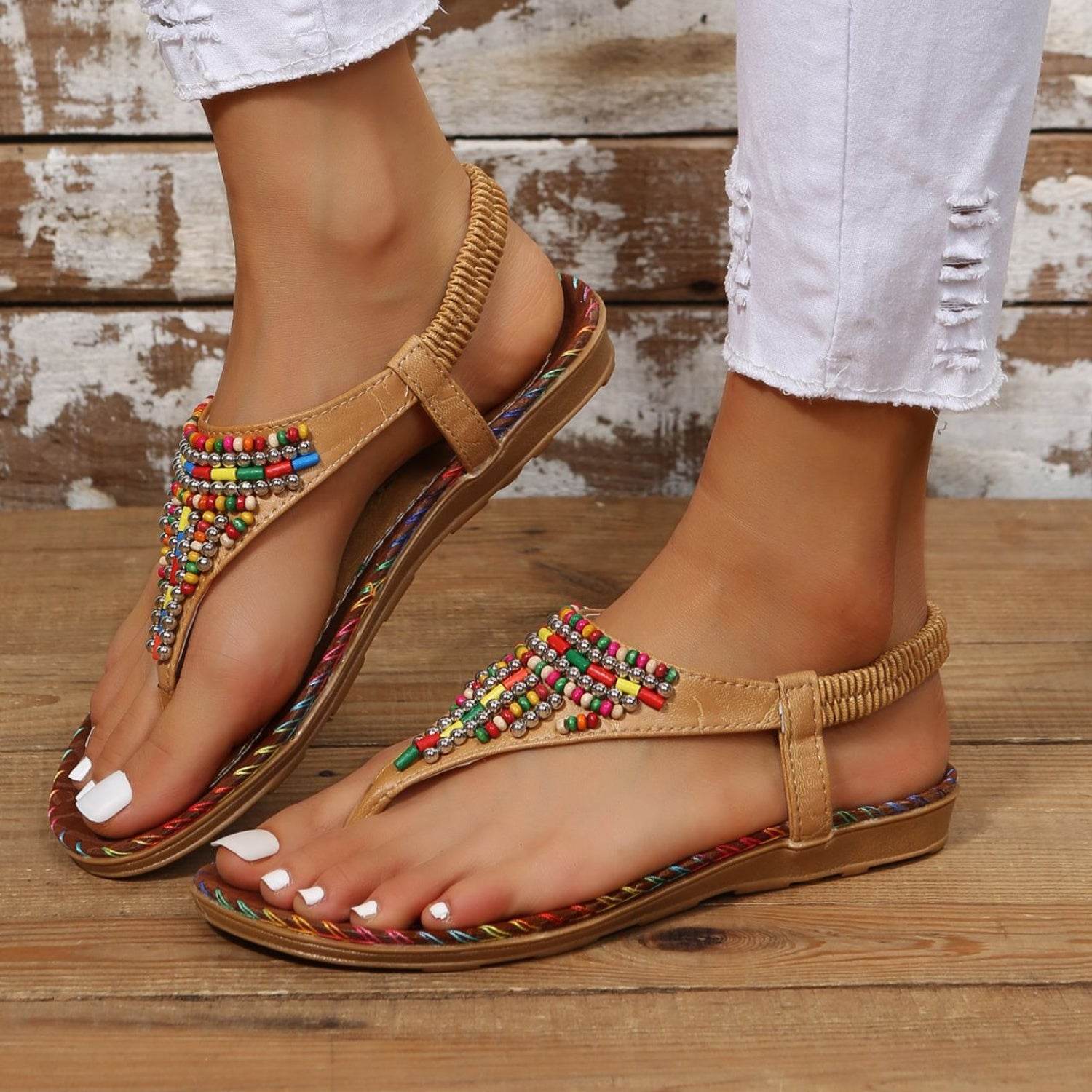 Beaded PU Leather Open Toe Sandals - Delanoir