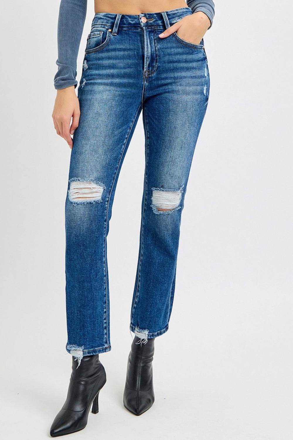 RISEN Full Size High Rise Distressed Crop Straight Jeans - Delanoir