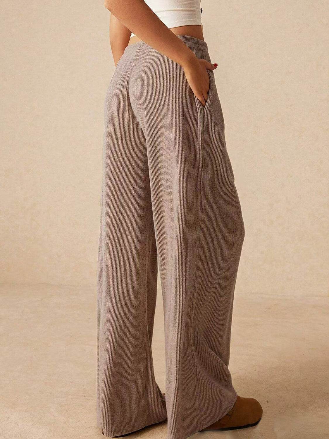Ribbed Drawstring Wide Leg Pants - Delanoir