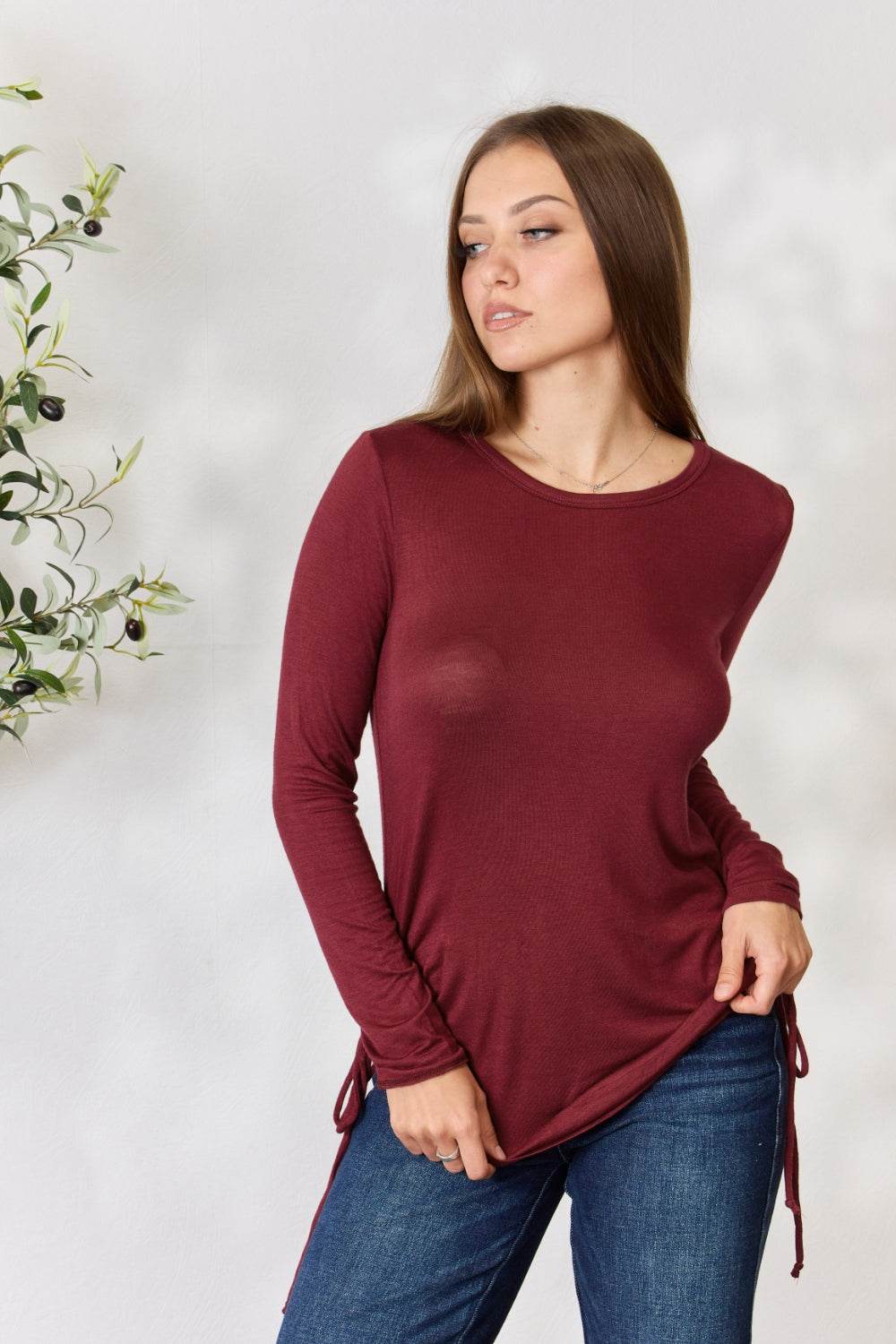 Culture Code Full Size Drawstring Round Neck Long Sleeve Top - Delanoir