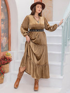 Plus Size Frill Tie Neck Long Sleeve Dress - Delanoir