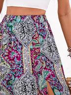 Slit Printed Elastic Waist Skirt - Delanoir