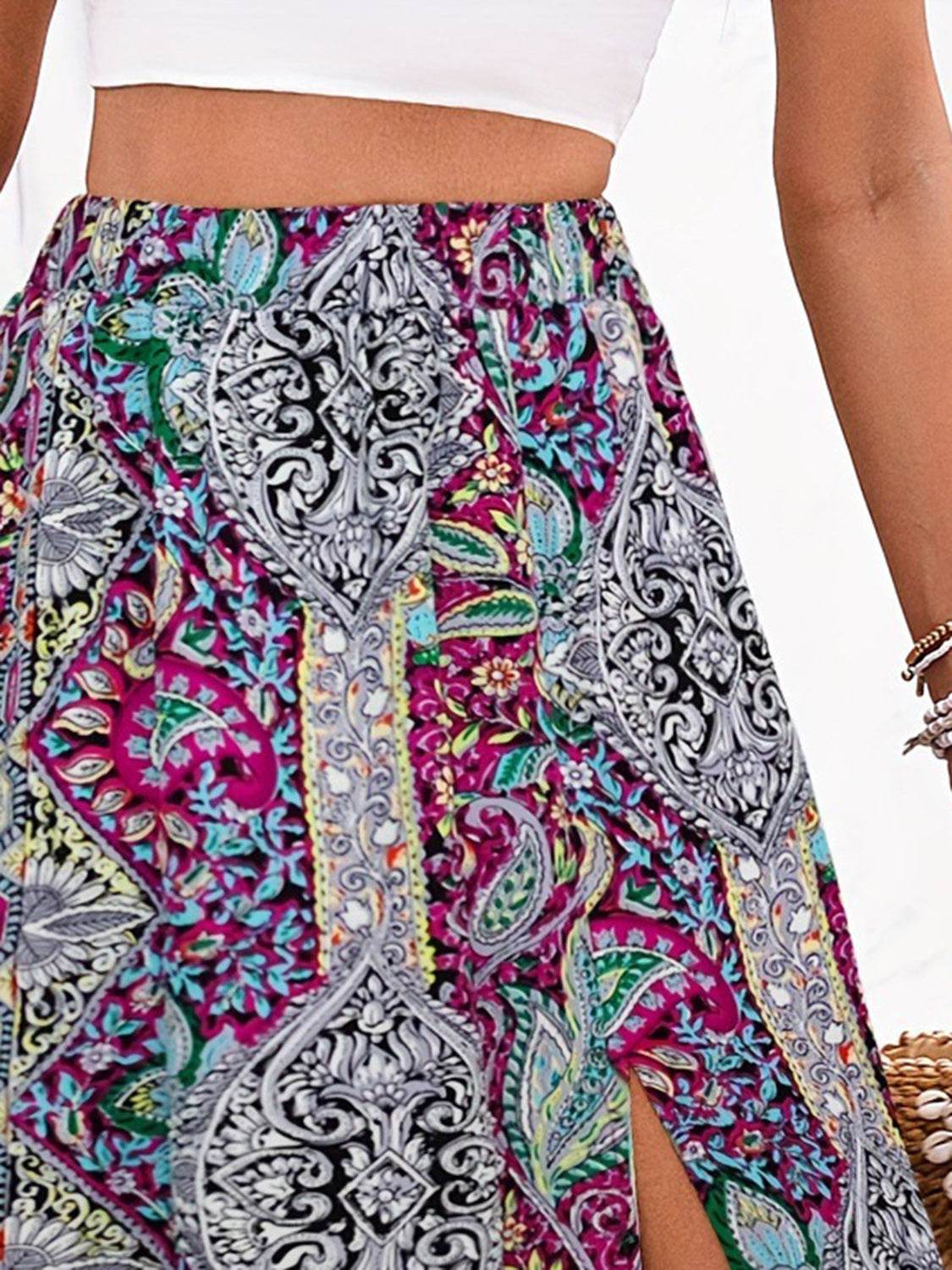 Slit Printed Elastic Waist Skirt - Delanoir