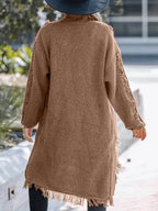 Fringe Open Front Long Sleeve Cardigan - Delanoir