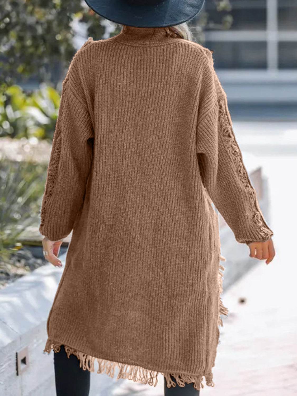 Fringe Open Front Long Sleeve Cardigan - Delanoir