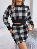 Plaid Round Neck Top and Skirt Sweater Set - Delanoir