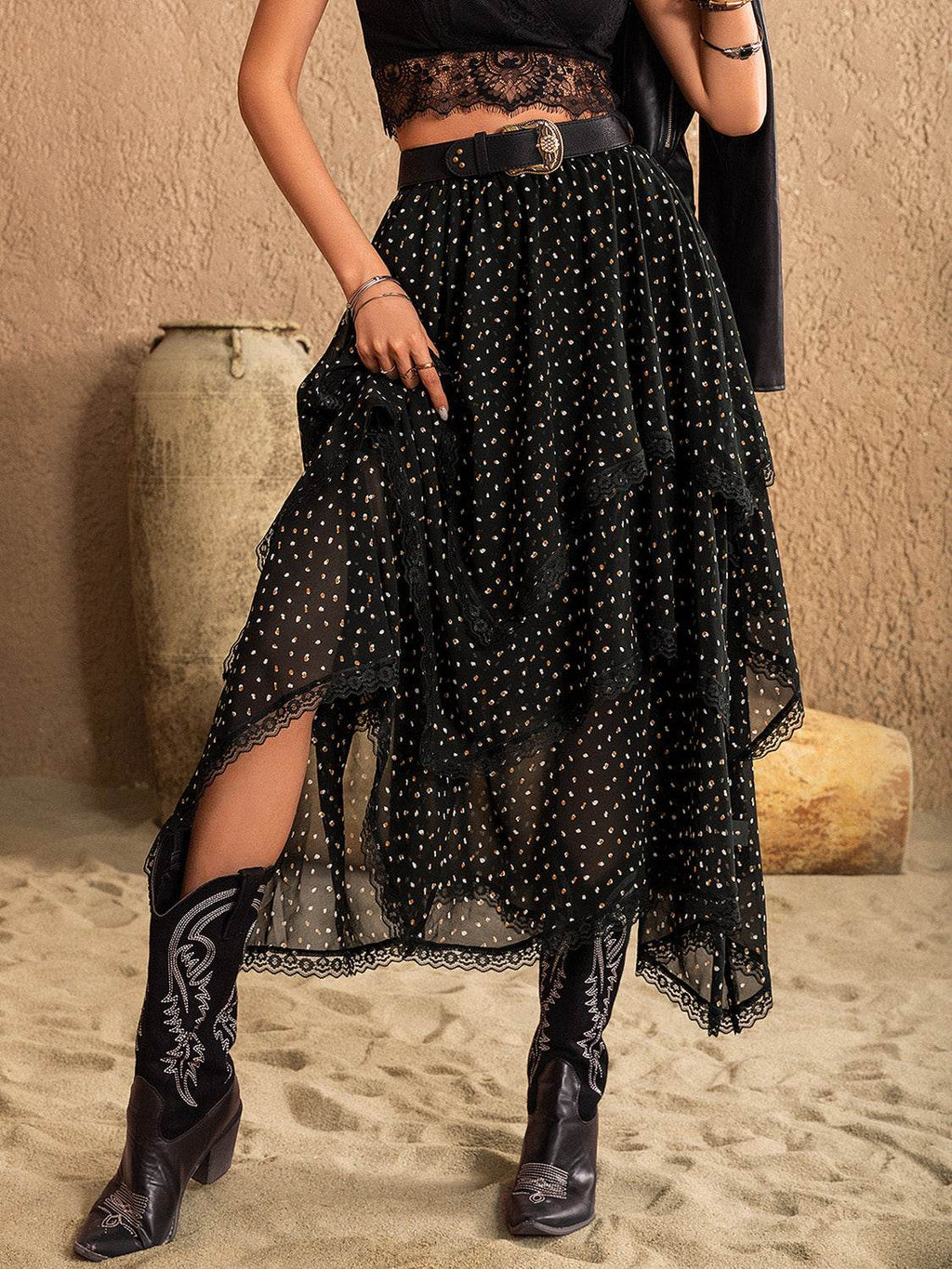 Lace Detail Layered Midi Skirt - Delanoir
