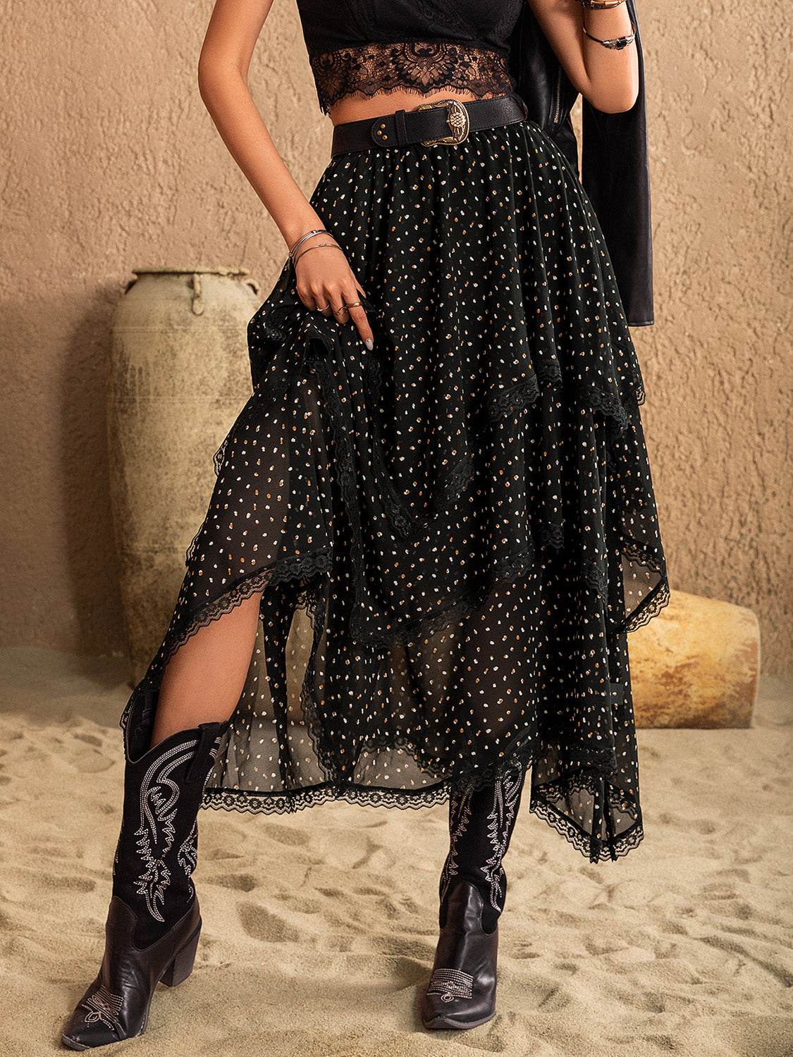 Lace Detail Layered Midi Skirt - Delanoir