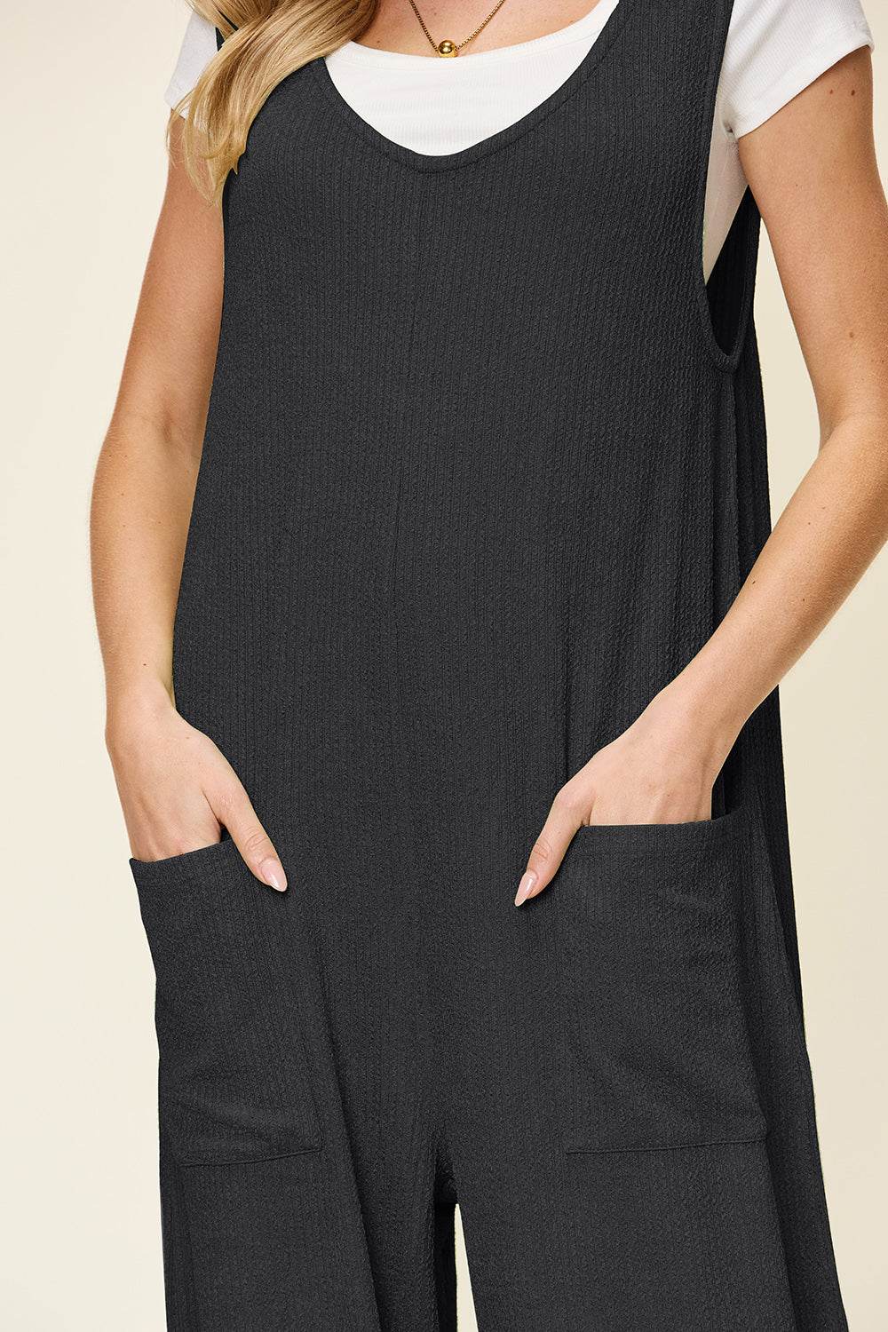 Double Take Full Size Texture Sleeveless Wide Leg Jumpsuit - Delanoir