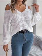 Cable-Knit Cold Shoulder Long Sleeve Sweater - Delanoir